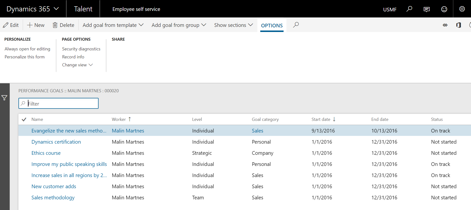 Employee Self-service - Performance goals