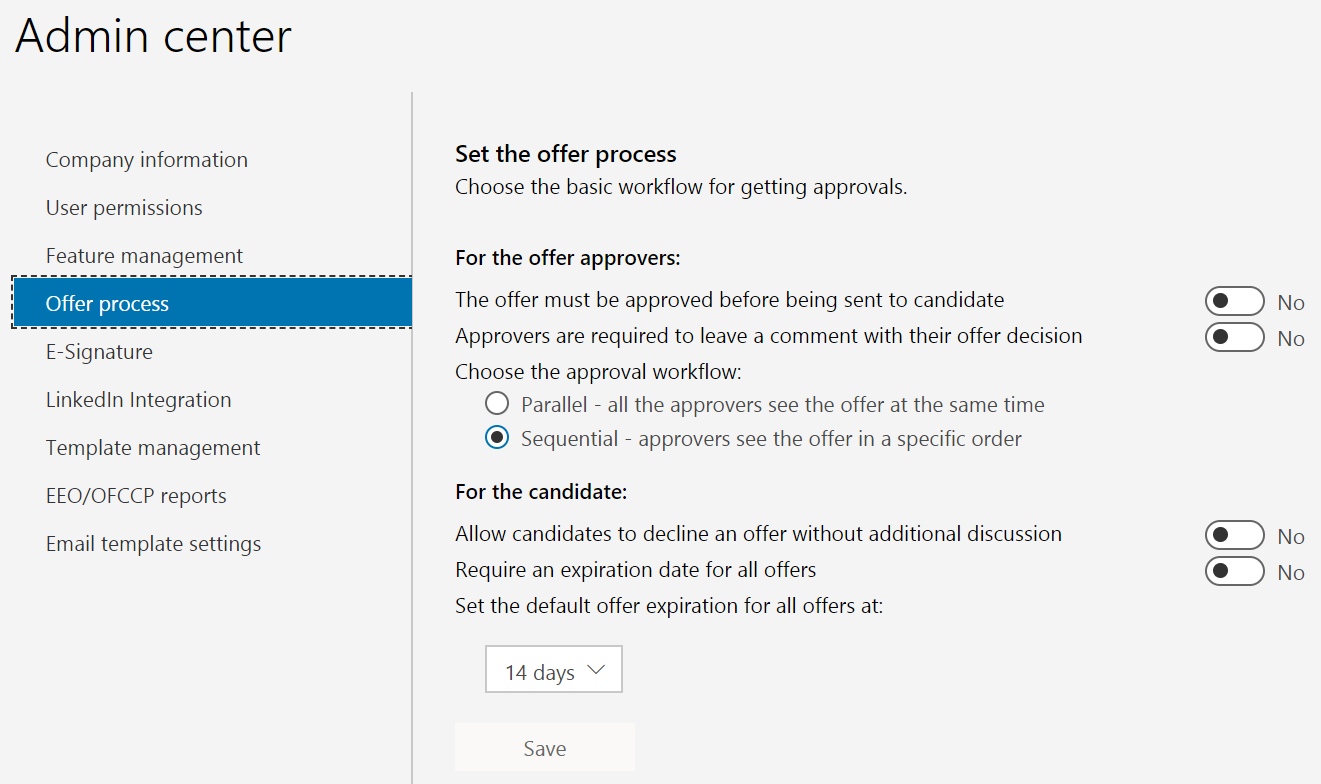 Offer settings in admin center