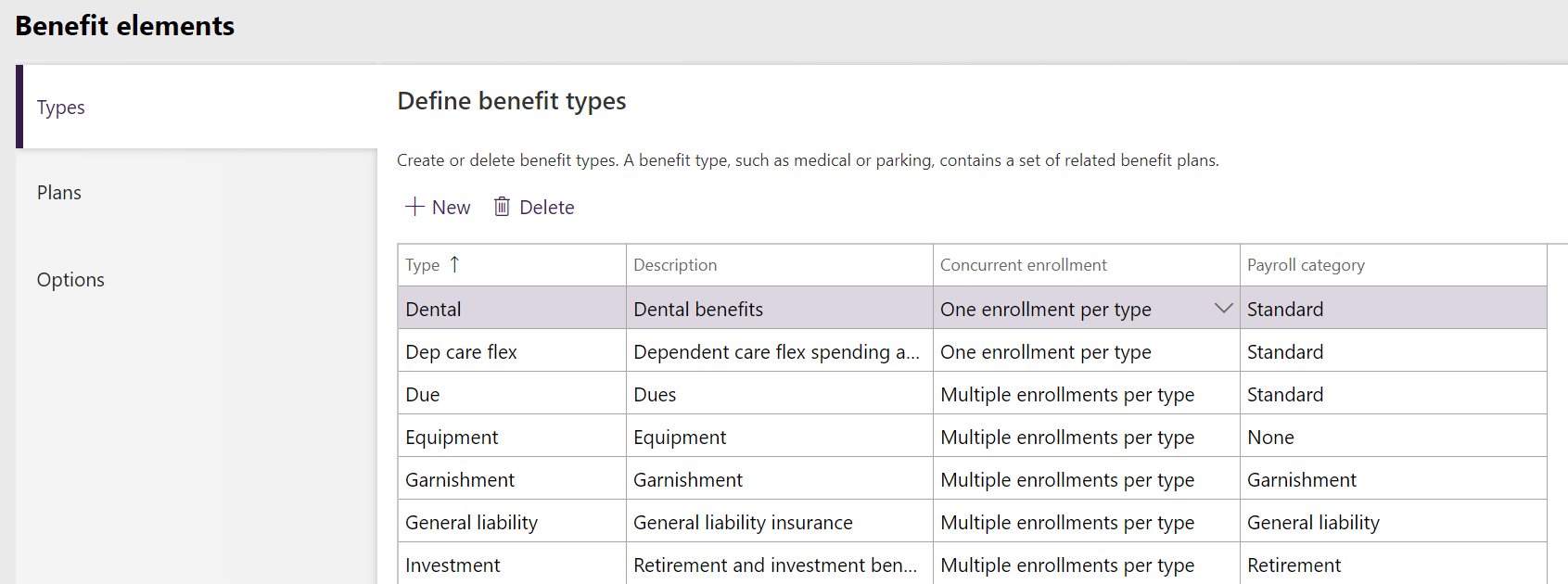 Benefit types setup