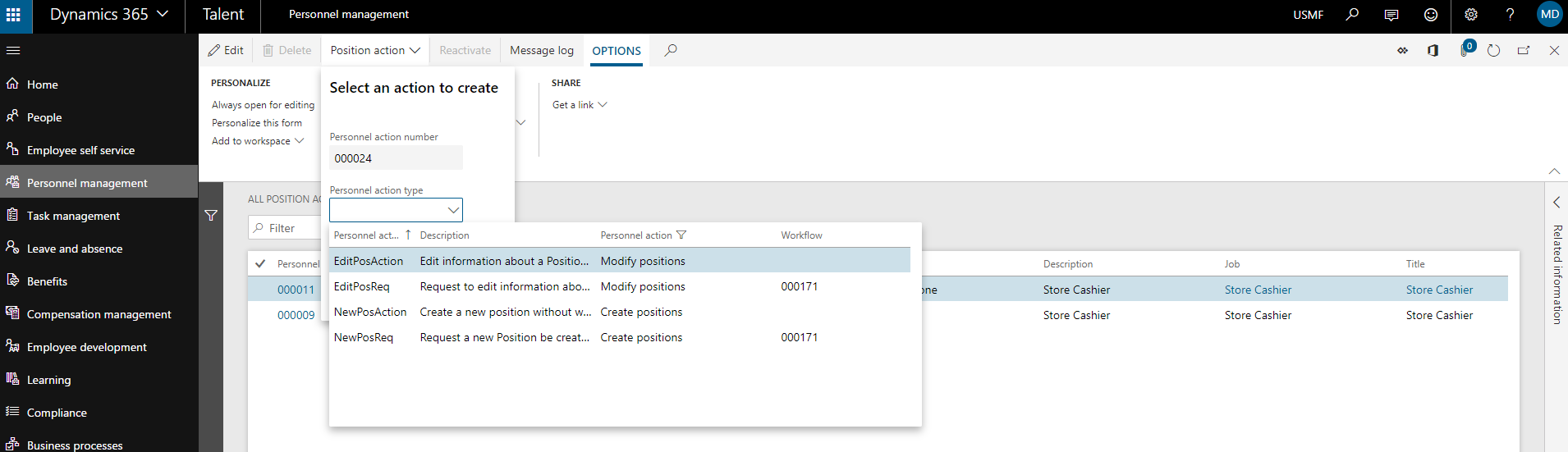 Create a new position action