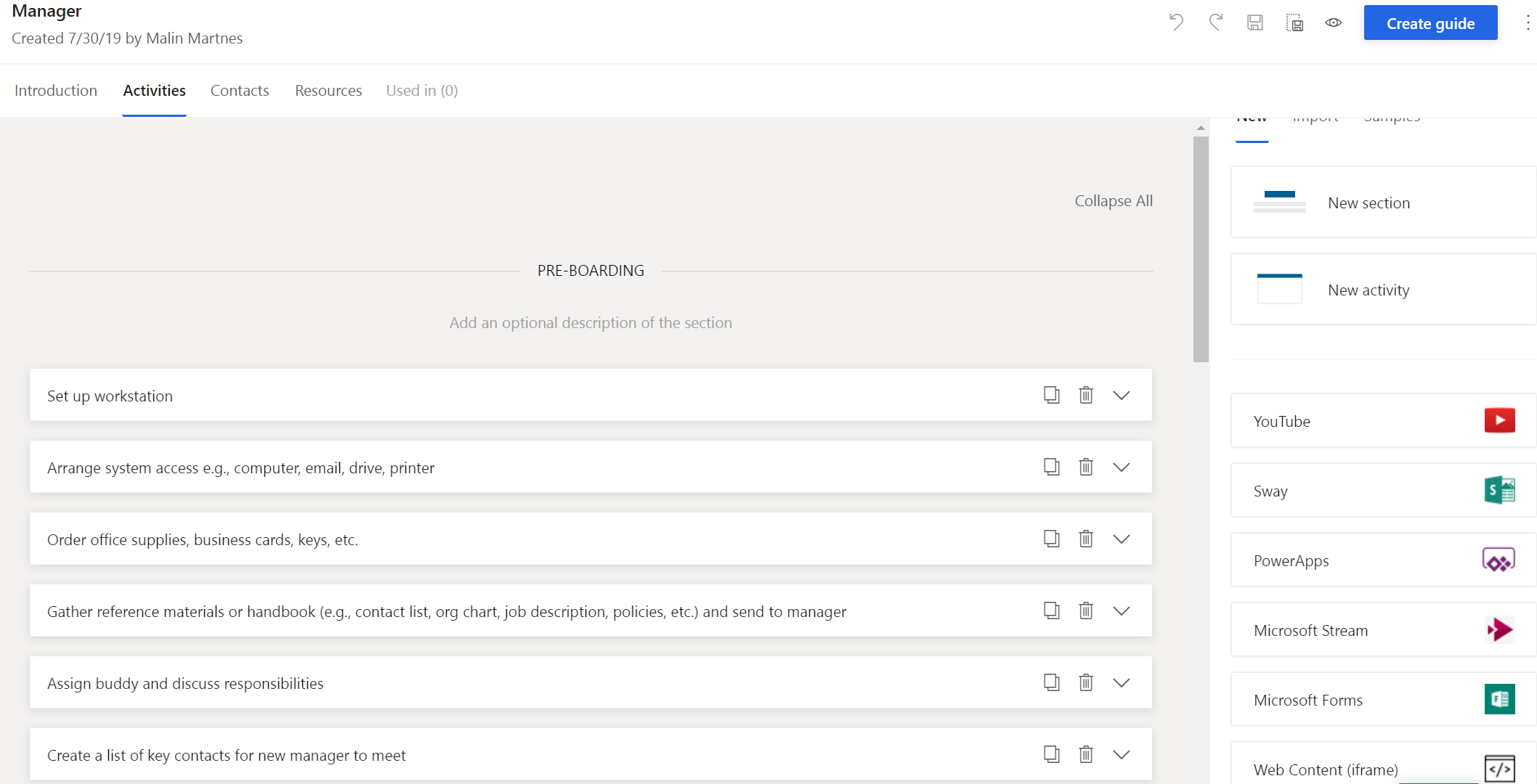 Onboarding activities
