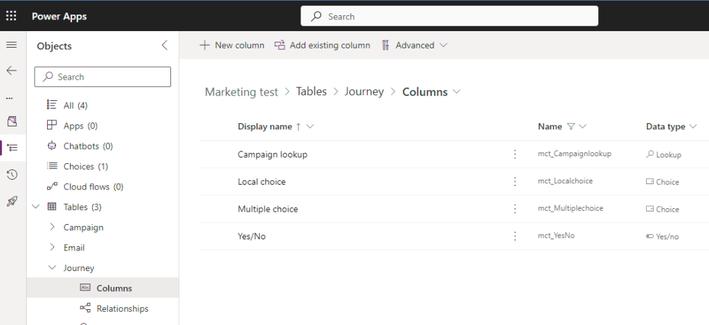 screenshot of four different columns with different data types