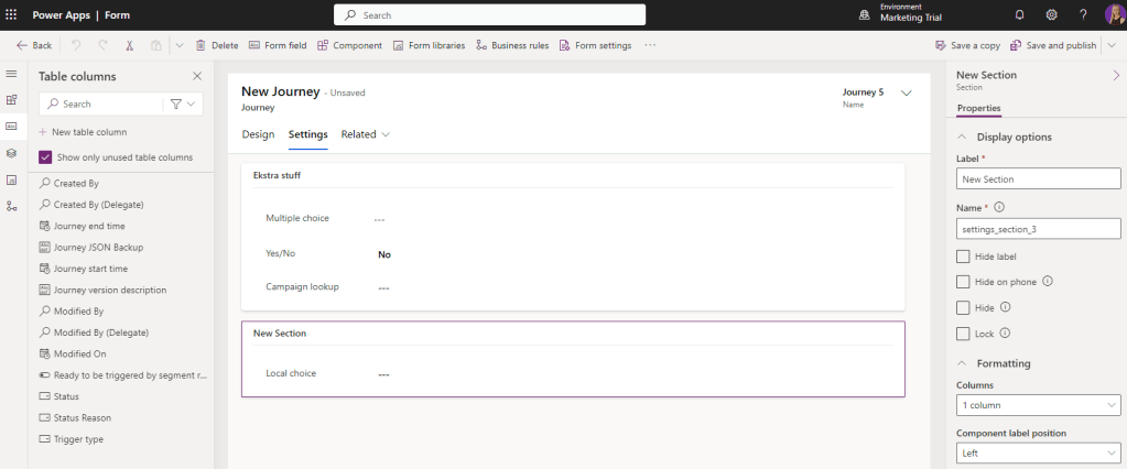 Screenshot of editing a form, where I've edited the Journey and added four columns in the settings tab