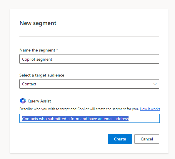 Asked Copilot to create a segment with contacts who submitted a form and have an email address