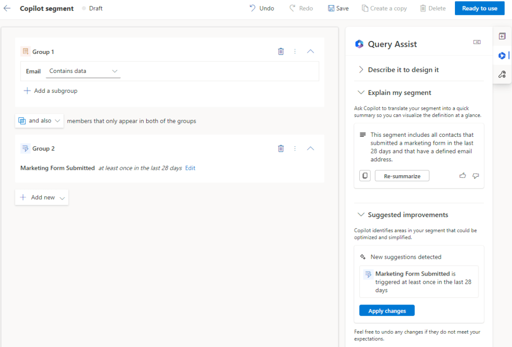 Explain my segment and suggested improvements from Copilot