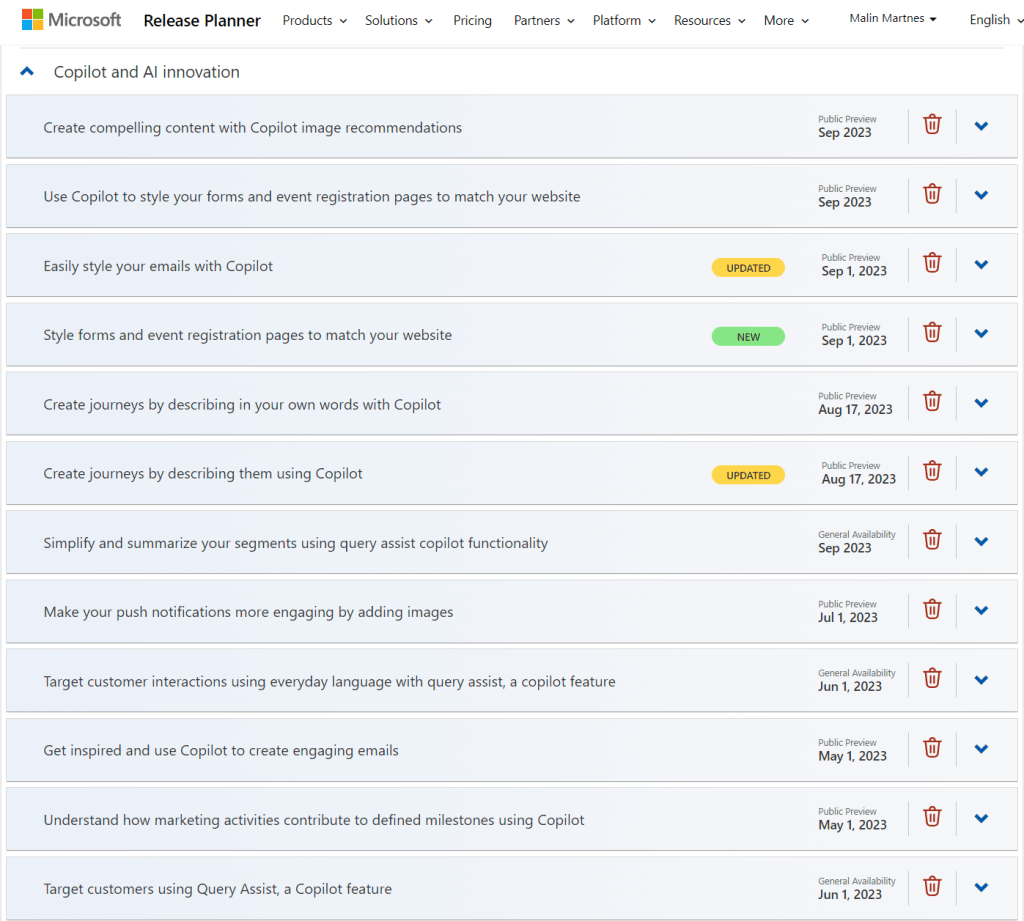 All the features in try now in the release planner under Copilot and AI innovation