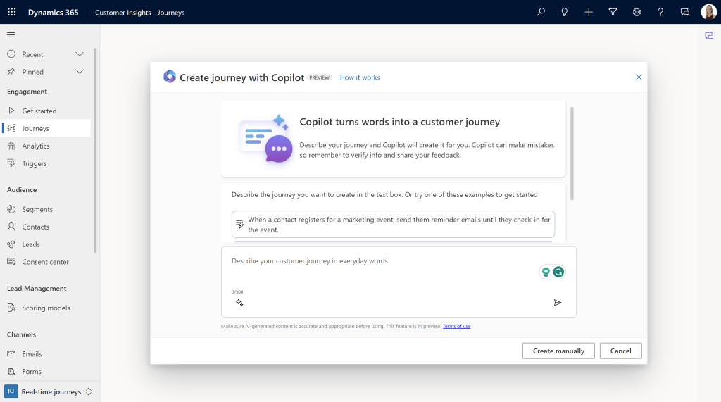 Picture of the screen where you can ask Copilot to create a journey