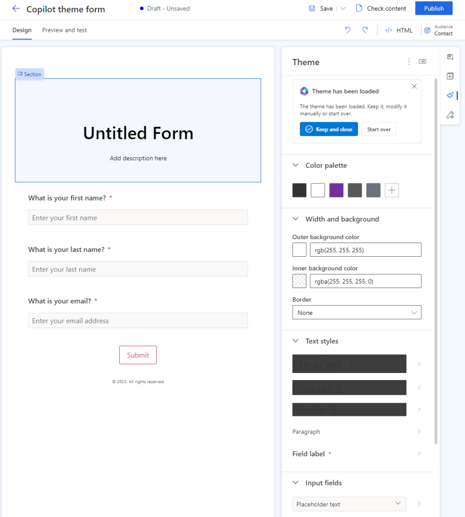 Colours from the website in your form