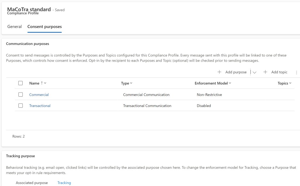 Screenshot of automatically created consent purposes