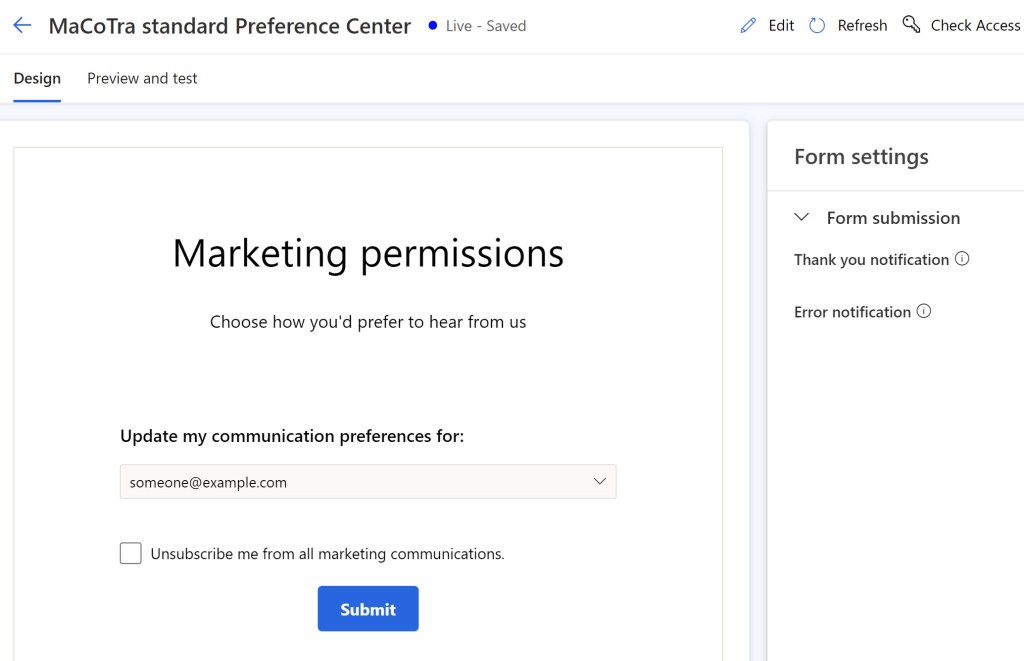 Screenshot of a live preference center form