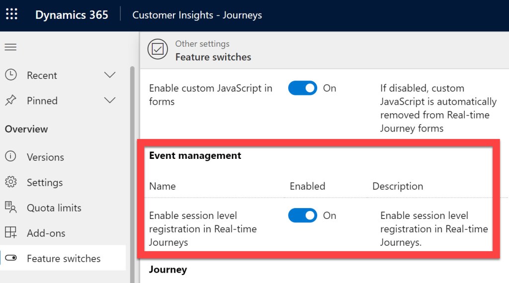 Screenshot showing where to turn on "Enable session level registration in Real-time Journeys